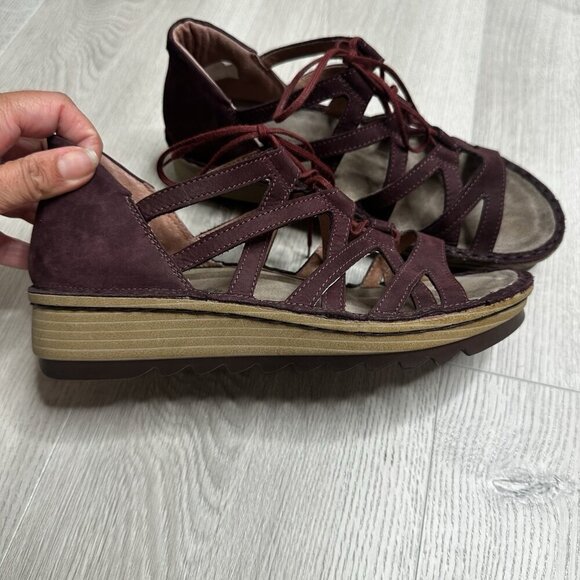 NAOT Yarrow Leather Ghillie Lace-Up Wedge Sandals Burgundy Women EU 37 US 6 - Picture 6 of 8